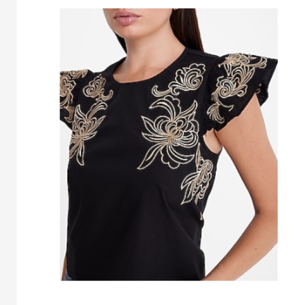 Express Black Top with Gold Embroidery